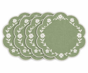 sage green scalloped placemats with white floral embroidered border design