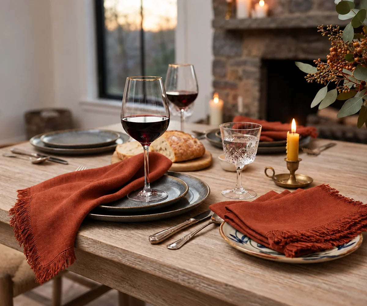 Rust 100% cotton cloth napkins with fringe edges, reusable dinner napkins for farmhouse dining