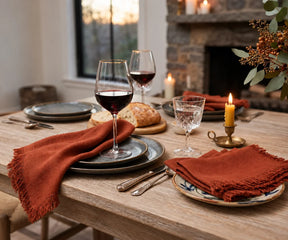 Rust 100% cotton cloth napkins with fringe edges, reusable dinner napkins for farmhouse dining