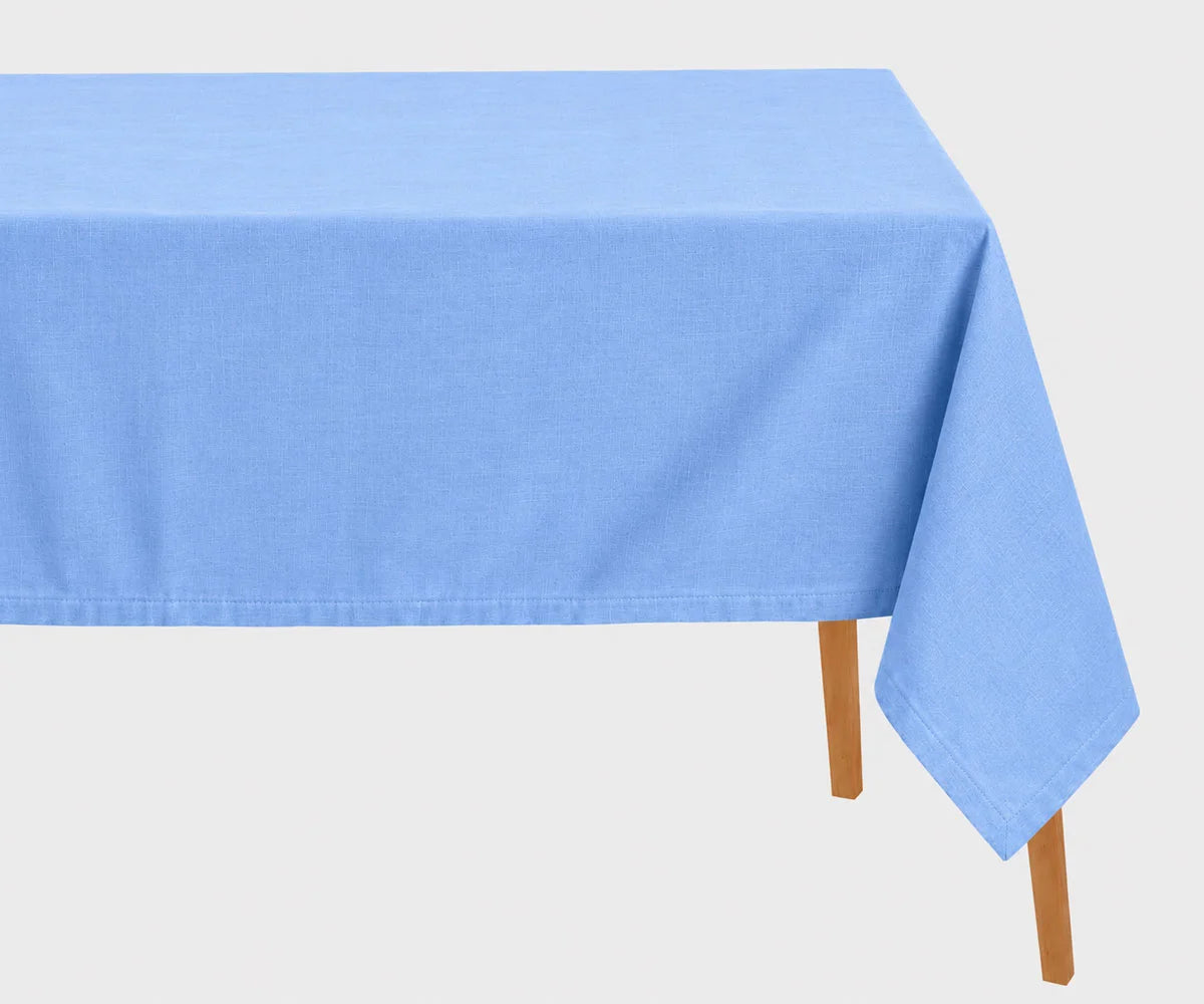 Light blue cotton hemstitched rectangular tablecloth, elegant cotton table linen for dining table décor, everyday meals, and special occasions.