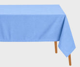 Light blue cotton hemstitched rectangular tablecloth, elegant cotton table linen for dining table décor, everyday meals, and special occasions.