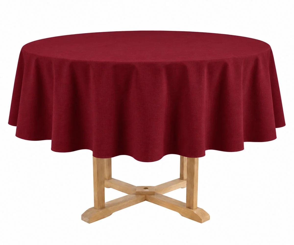 Burgundy round cotton tablecloth made from 100% natural cotton, elegant wedding tablecloth for dining tables, festive gatherings, and special occasion décor.