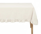 Decorative cotton tablecloth with ruffled border and graceful drape, farmhouse-inspired rectangle table linen for weddings and home decor