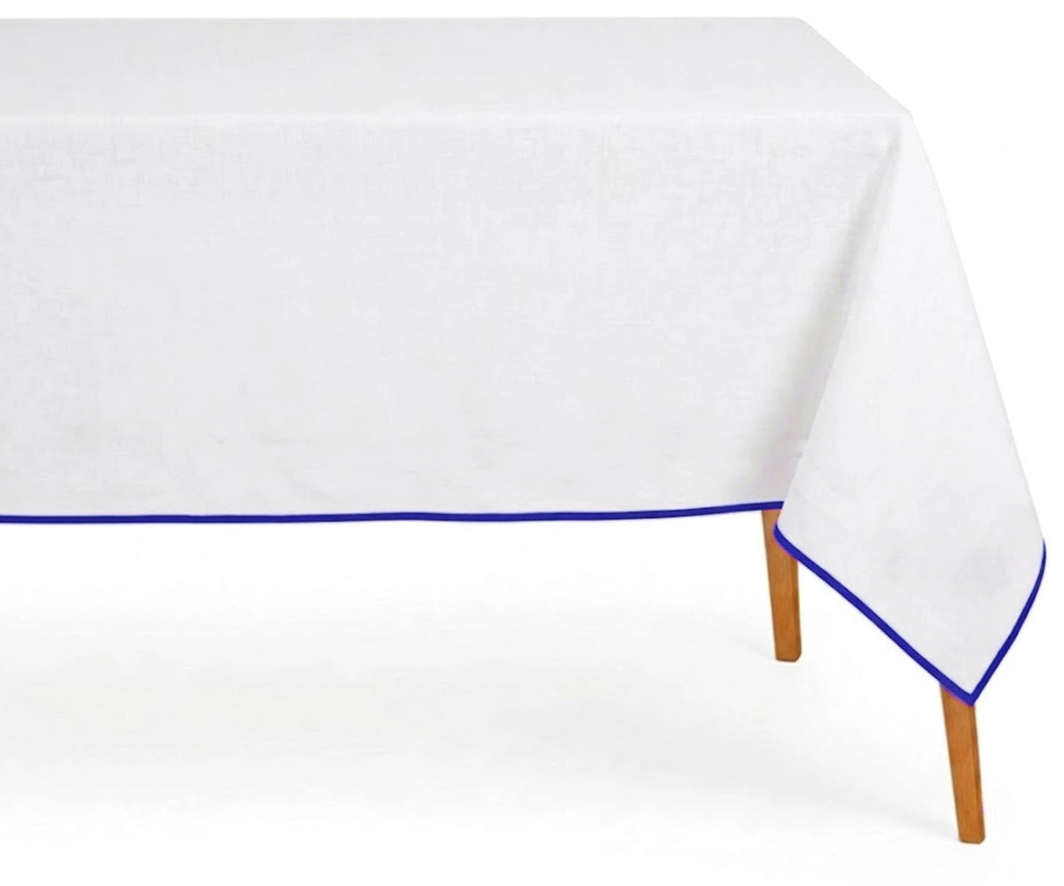 Classic Cotton white tablecloth with blue piping edge