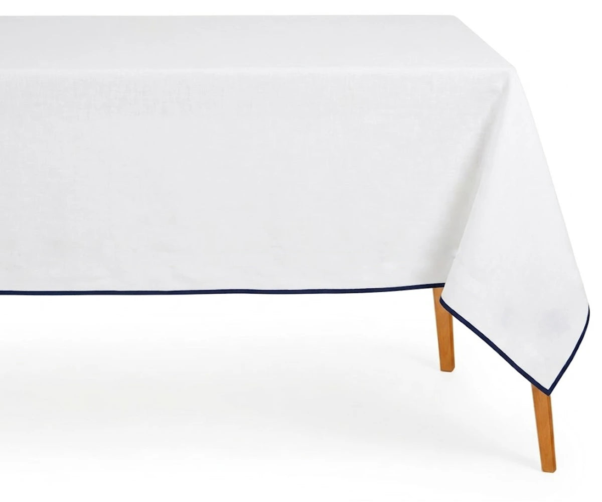 Elegant white cotton tablecloth with  Navy blue edge trim