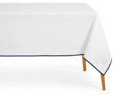 Elegant white cotton tablecloth with  Navy blue edge trim