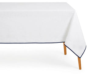 Elegant white cotton tablecloth with  Navy blue edge trim