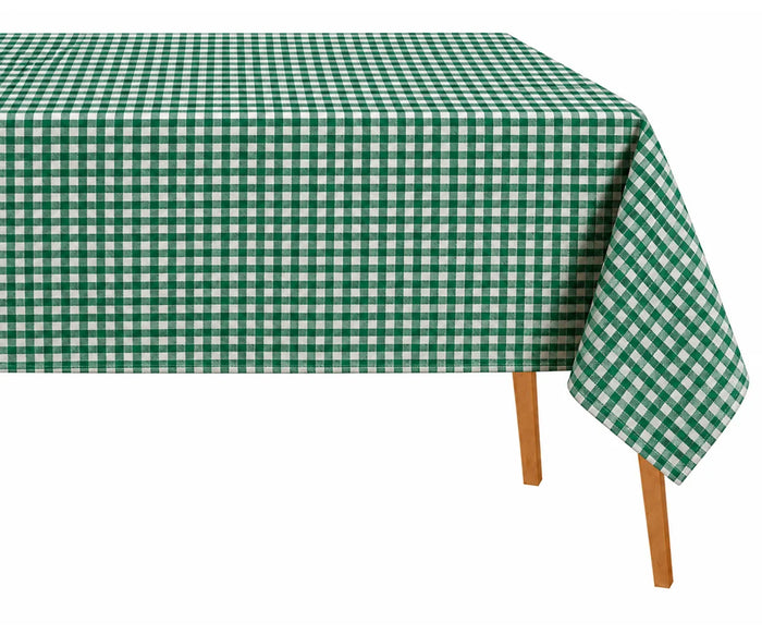 Green and white cotton checked tablecloth for rectangular dining tables, small check kitchen tablecloth for farmhouse, cottage, and everyday dining décor