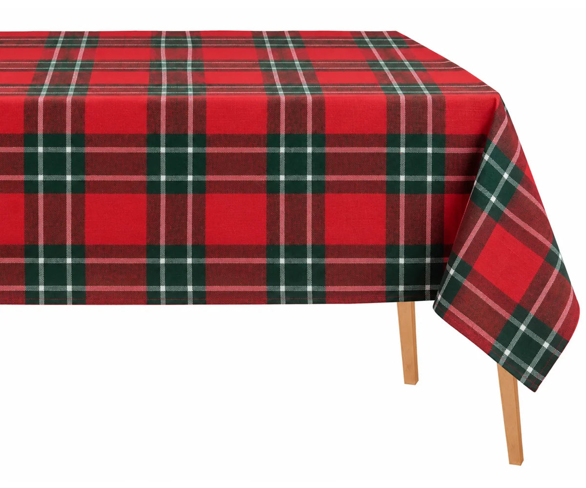 Red and green plaid cotton tablecloth for rectangular dining table, festive checked tablecloth for Christmas dinners, farmhouse décor, and holiday entertaining