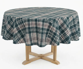 100% cotton round plaid tablecloth with classic check pattern for farmhouse dining table, everyday meals, holiday gatherings, Christmas tablescape, and rustic home decor.