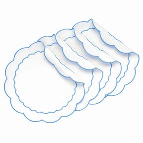 Blue round scalloped cotton placemat with elegant peony embroidery for refined table décor