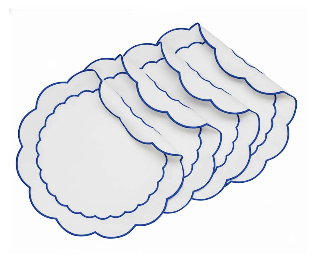 Round Placemats White - Royal Blue Scalloped Edge