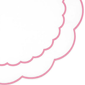 Elegant white round cotton placemat featuring scalloped edges and floral peony embroidered details