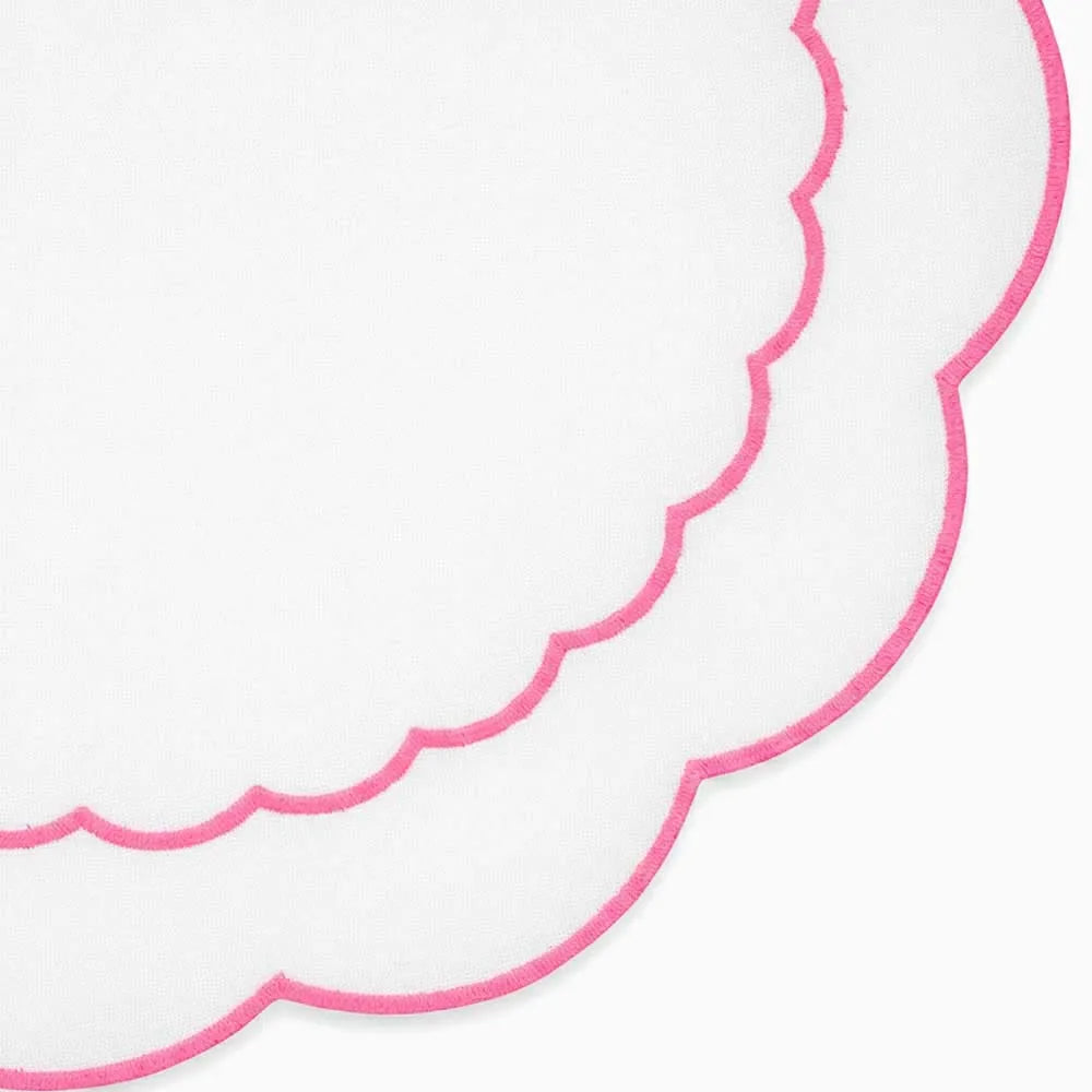 Round pink cotton placemat featuring scalloped edges and detailed embroidered peony design for charming décor