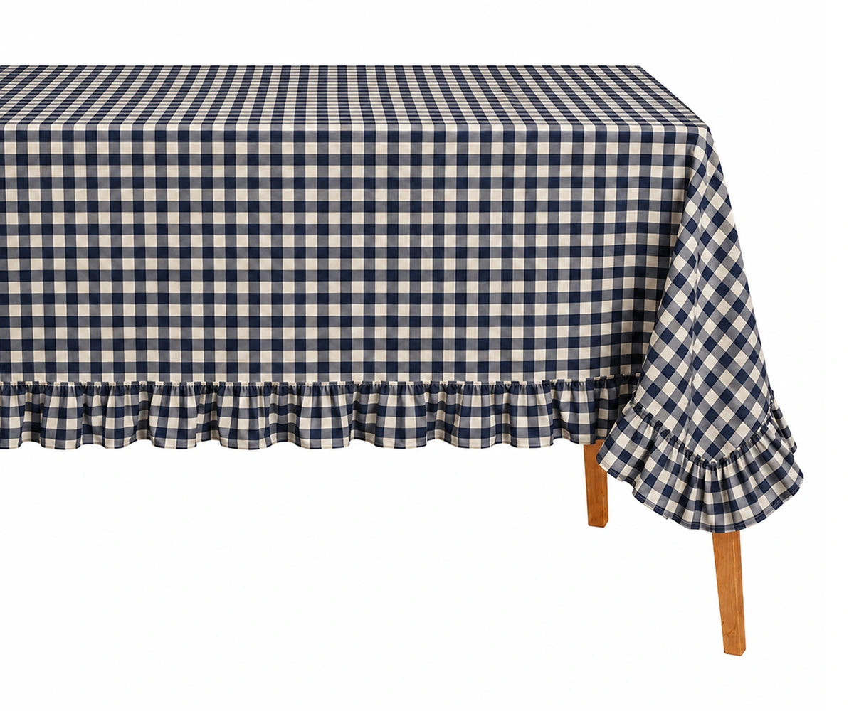 Farmhouse ruffle plaid tablecloth in soft cotton for everyday dining
