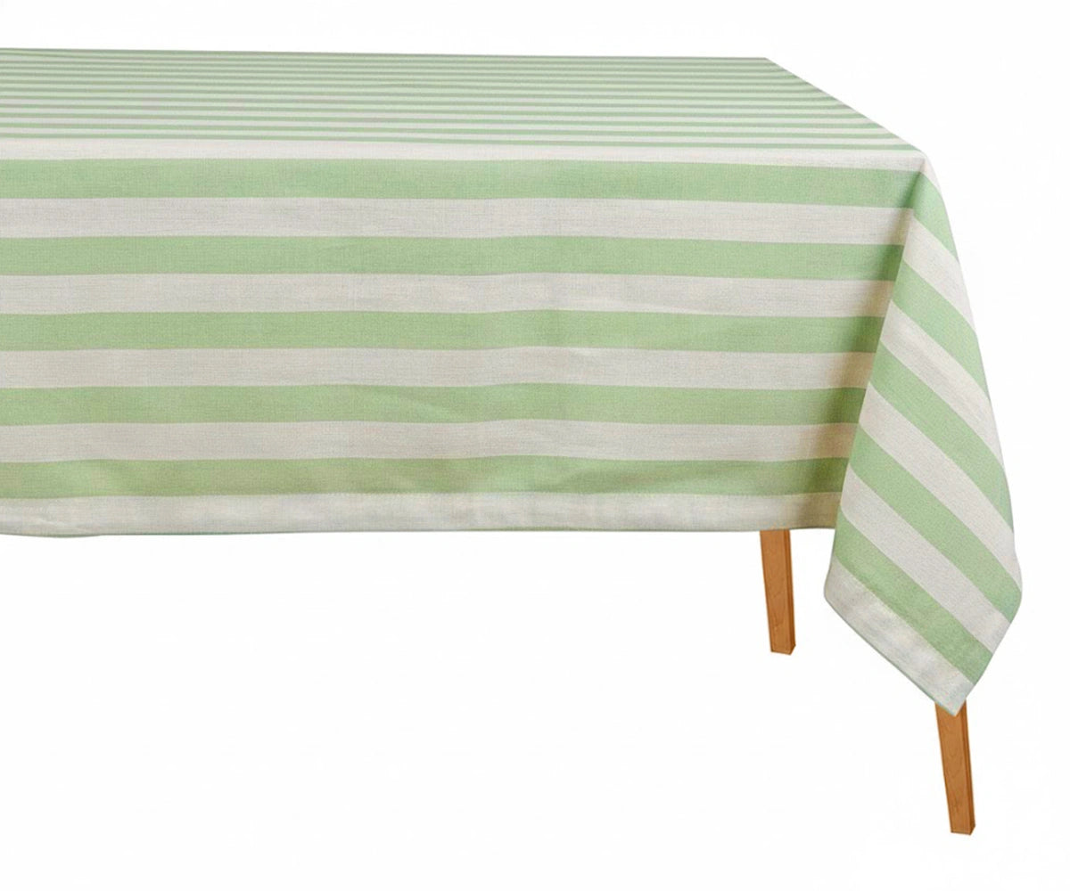 sage green cabana stripe tablecloth rectangular, 100% cotton striped table cover for modern farmhouse and coastal dining table.