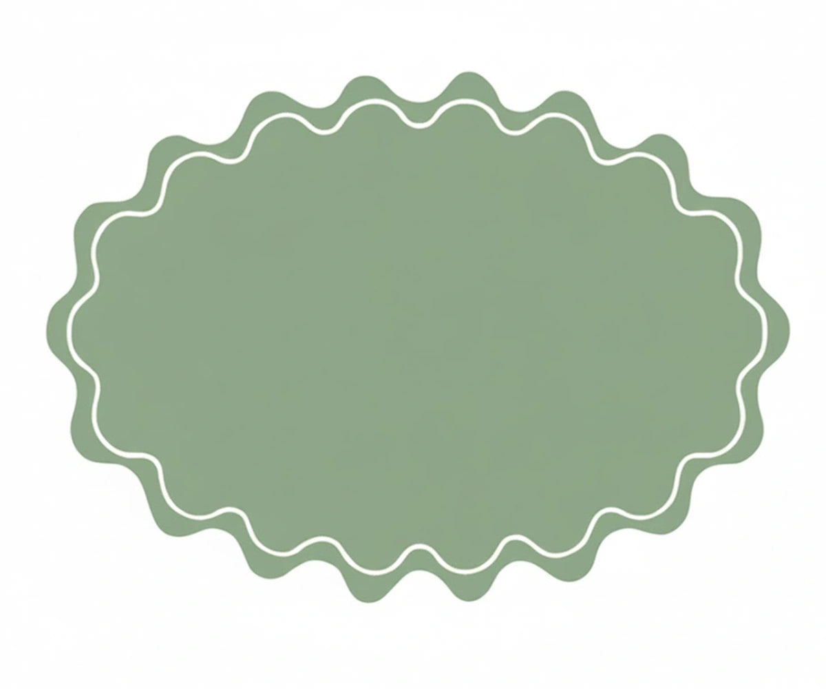 Classic sage green fabric placemat with subtle wavy shape and decorative scalloped trim for versatile dining use