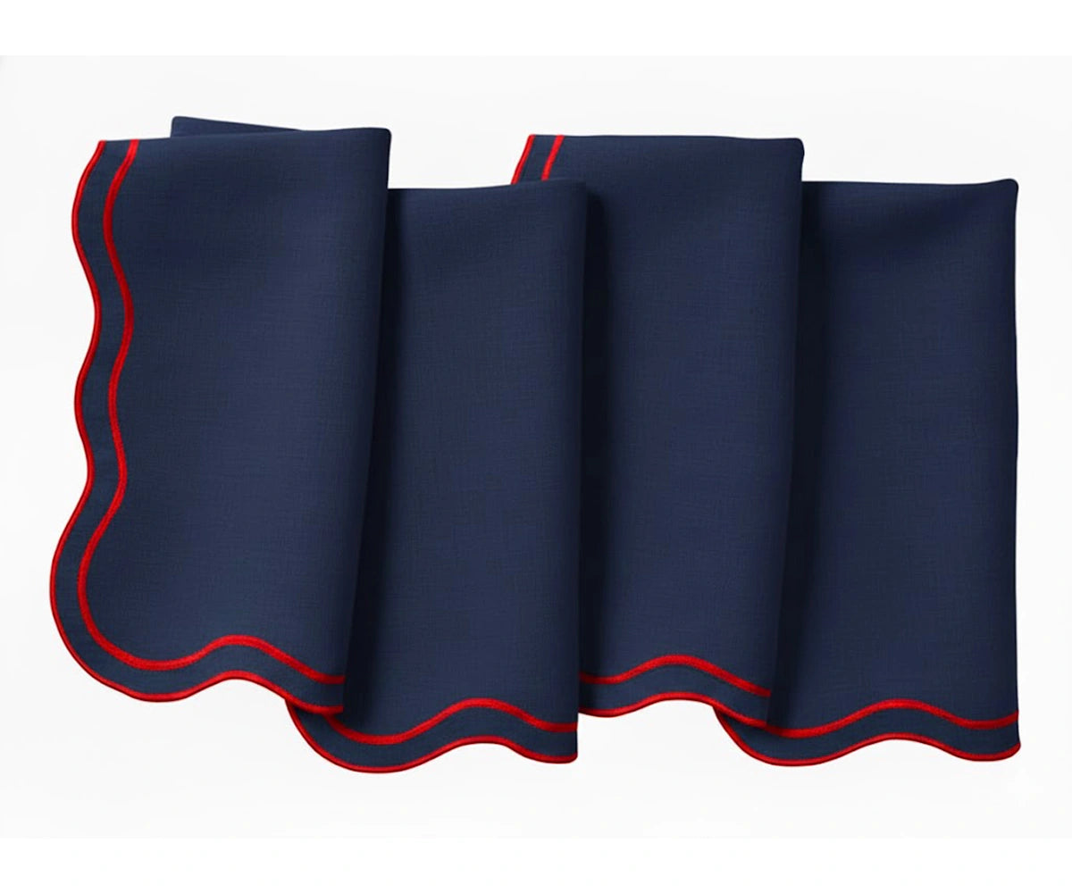 Navy cotton scalloped napkins with red trim, elegant reusable cloth napkins for dining table decor