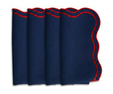 Navy cotton scalloped napkins with red trim, elegant reusable cloth napkins for dining table decor