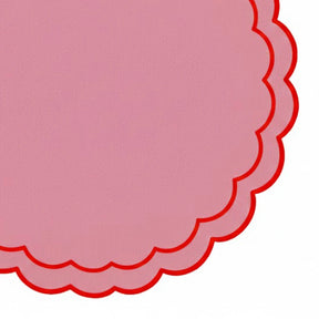Decorative peony pink cotton placemat with red scalloped edging, premium round placemat for romantic dinner tables