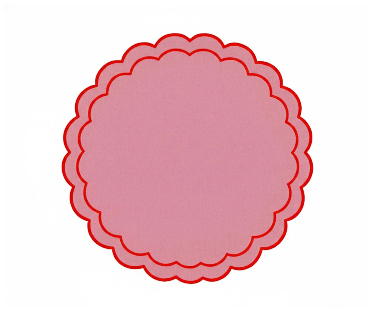 Peony pink and red scalloped round placemat, soft durable cotton placemat set for everyday and special occasions