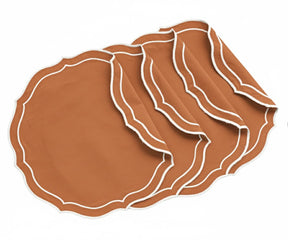 Round terracotta embroidered placemats set of 4 made from 100% cotton, featuring elegant scalloped edges.