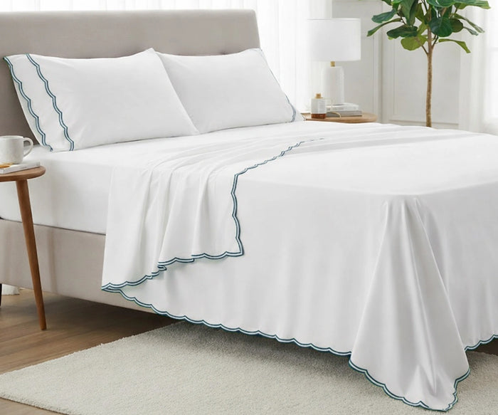 Green scalloped edge bed sheet set in 100% cotton with fitted sheet, flat sheet and pillowcases