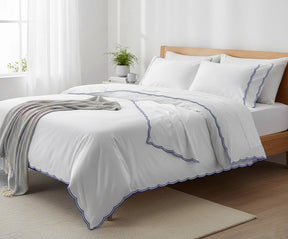 Navy blue scalloped edge bed sheet set in 100% cotton with fitted sheet, flat sheet and pillowcases