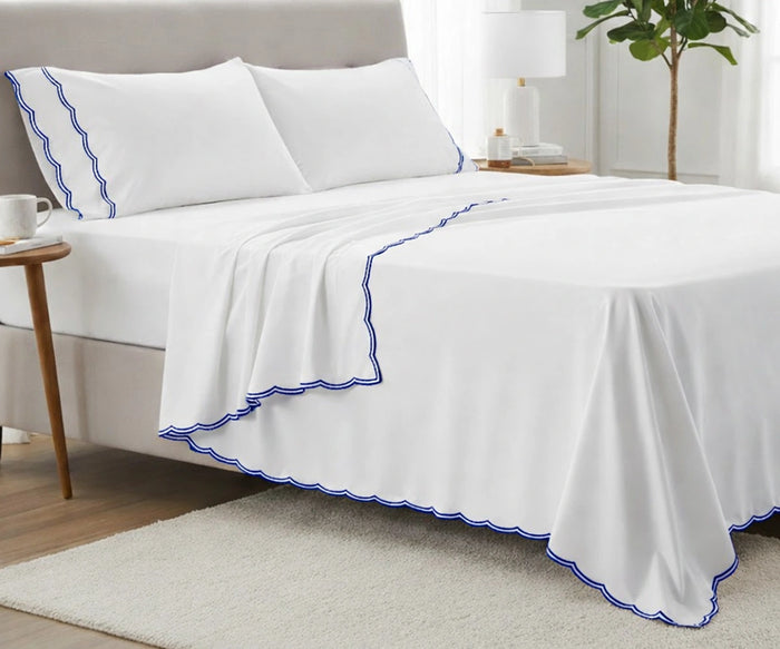 Royal blue scalloped edge bed sheet set in 100% cotton with flat sheet and fitted sheet
