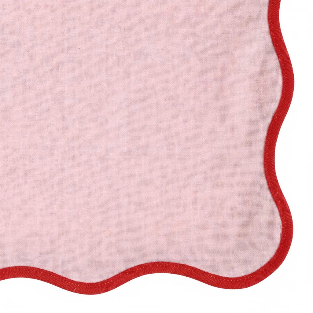cotton napkin with pink and red scalloped embroidered border – stylish contrasting edge table napkin.