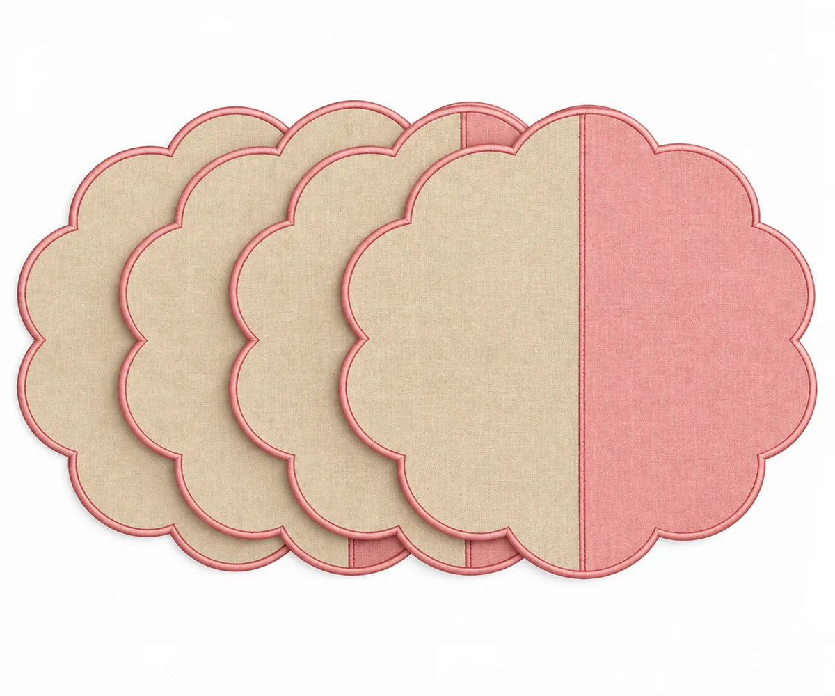 Cotton scalloped round placemat set in beige and pink.