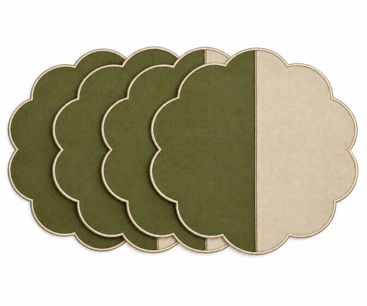 Cotton scalloped round placemat set in cream and olive green.