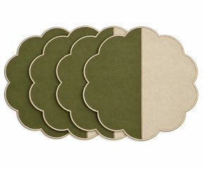 Cotton scalloped round placemat set in cream and olive green.