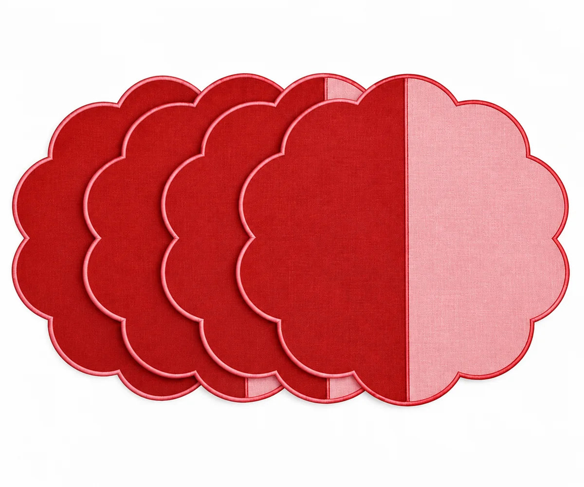 Cotton scalloped round placemat set in red and pink