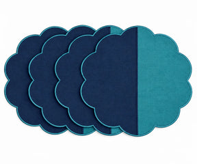 Cotton scalloped round placemat set in teal and navy blue.