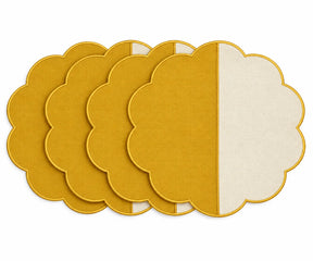 Cotton scalloped round placemat set in mustard yellow and off-white