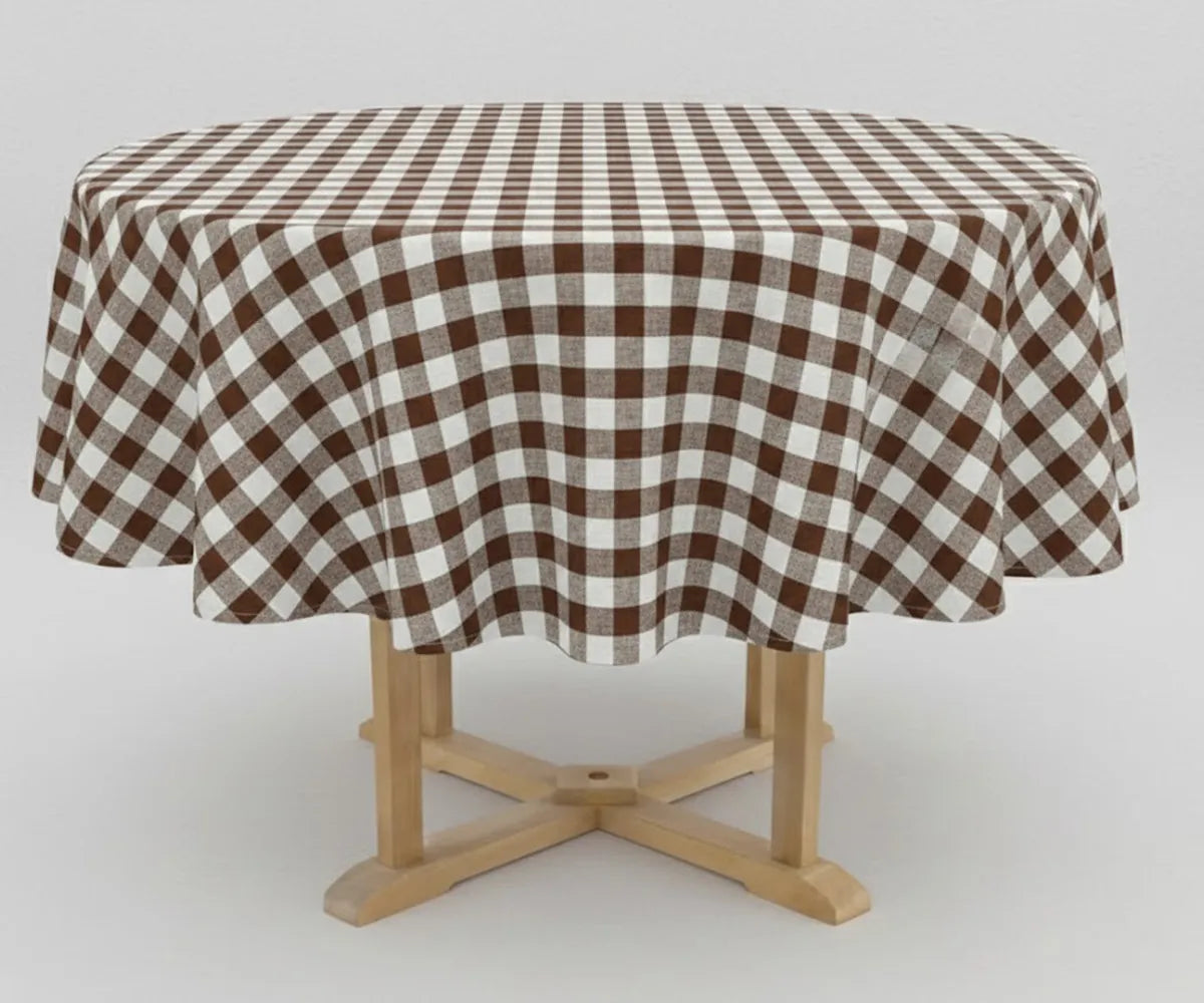 Brown and white plaid 60 inch round cotton tablecloth on farmhouse dining table