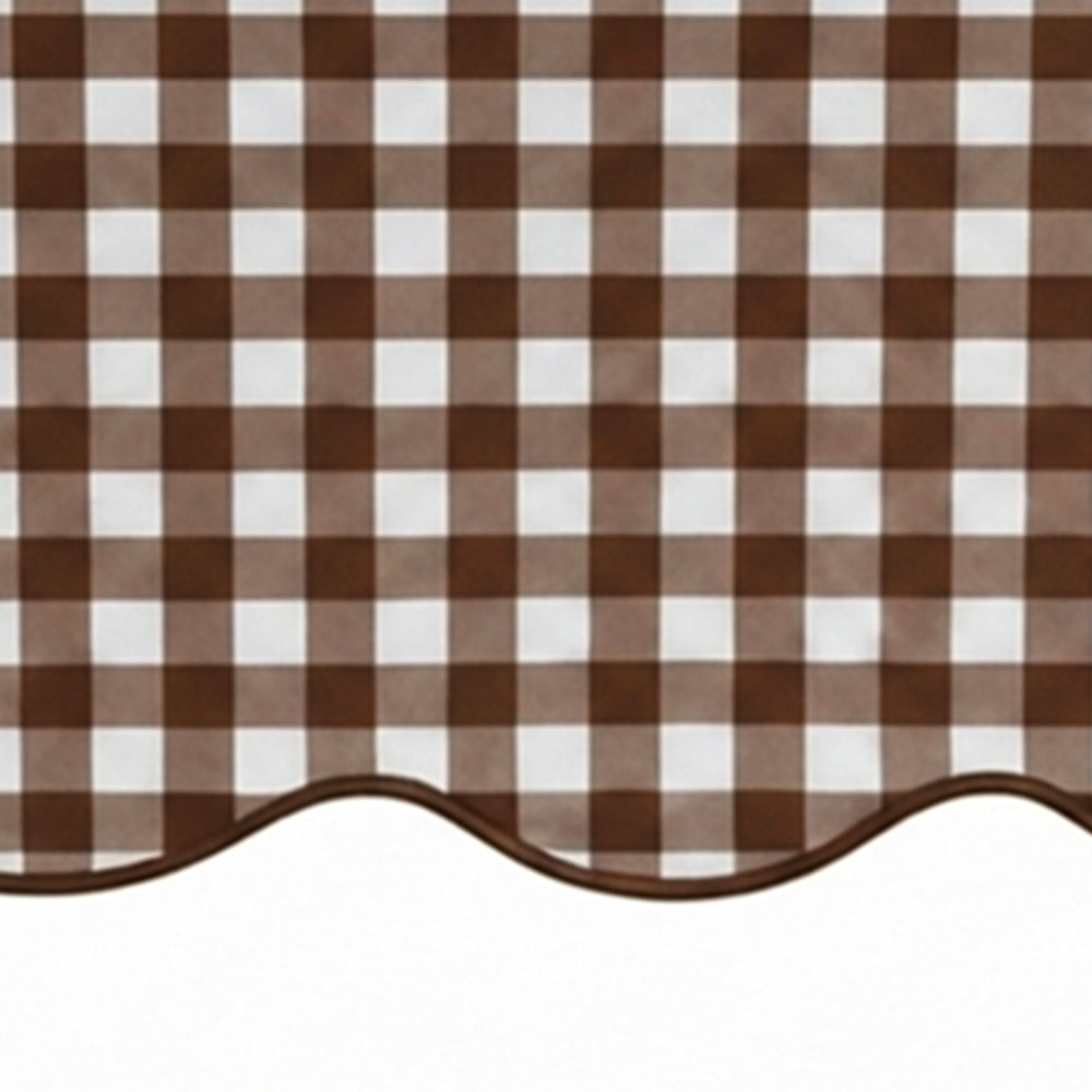 Close-up of coffee brown and white small checkered cotton tablecloth fabric highlighting the decorative scalloped edge border.