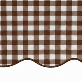 Close-up of coffee brown and white small checkered cotton tablecloth fabric highlighting the decorative scalloped edge border.