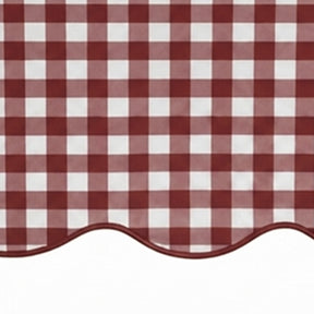 Close-up of dark red and white small checkered cotton tablecloth fabric highlighting the decorative scalloped edge border.