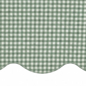 Close-up of sage green and white small checkered cotton tablecloth fabric highlighting the decorative scalloped edge border.