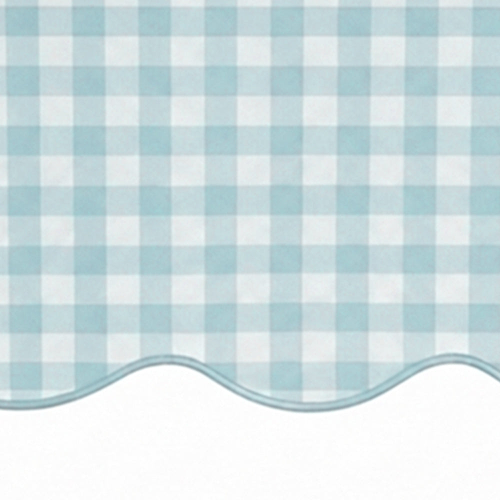 Close-up of light blue and white small checkered cotton tablecloth fabric highlighting the decorative scalloped edge border.