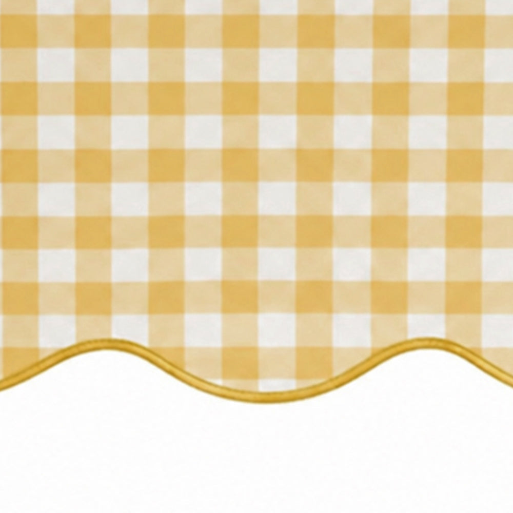 A yellow and white gingham checkered tablecloth with a scalloped yellow edge, shown against a white background.