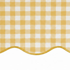 A yellow and white gingham checkered tablecloth with a scalloped yellow edge, shown against a white background.