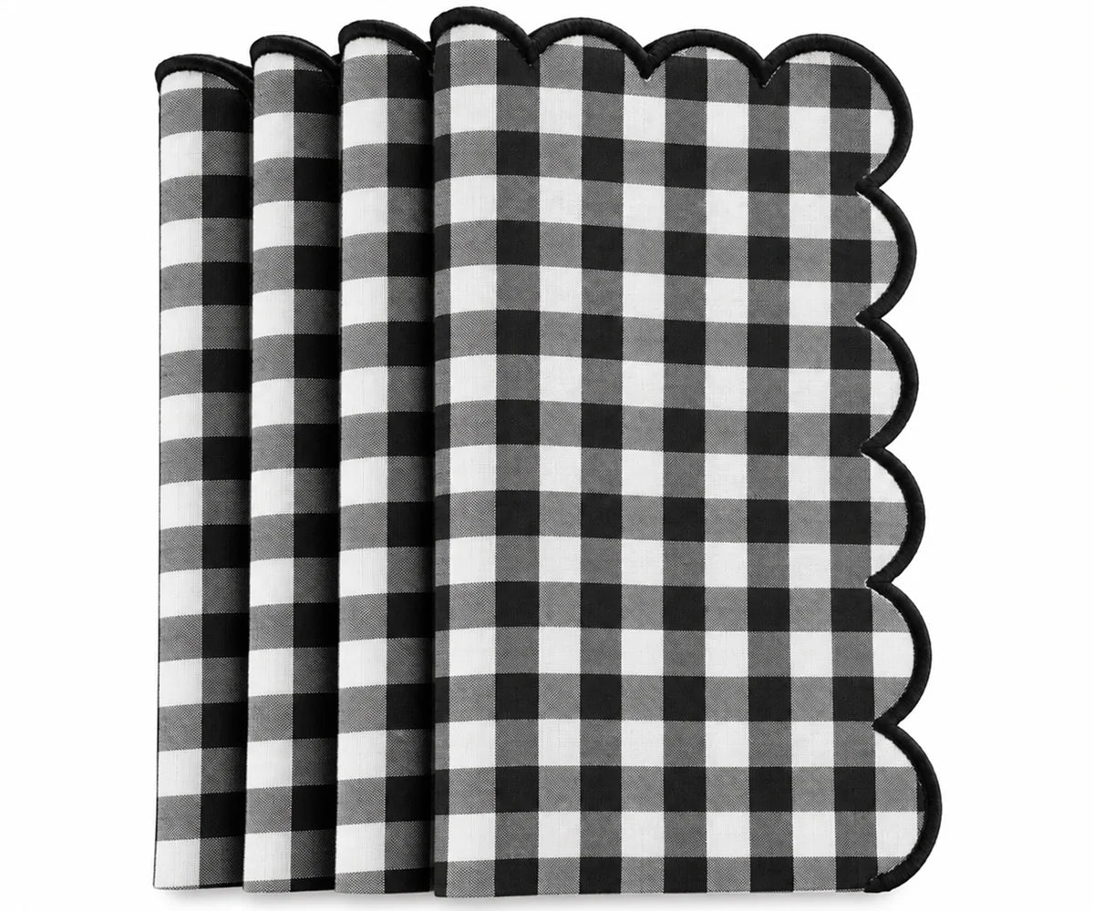 Set of Black and white gingham cotton dinner napkins with red scalloped embroidered edges