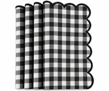 Set of Black and white gingham cotton dinner napkins with red scalloped embroidered edges