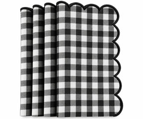 Set of Black and white gingham cotton dinner napkins with red scalloped embroidered edges