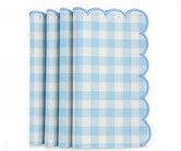 A stack of light blue and white gingham check paper napkins with scalloped edges, shown on a clean white background.