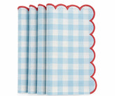 Set of light blue and white gingham cotton dinner napkins with red scalloped embroidered edges.