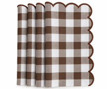 Set of brown and white gingham cotton dinner napkins with red scalloped embroidered edges